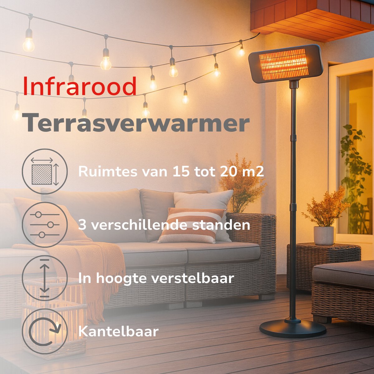 alpina Infrarood Verwarming Staand - Terras Heater 2000W 3 Warmtestanden - Spatwaterdichte Terrasheater IP24 met Infrarood Paneel – foto 2