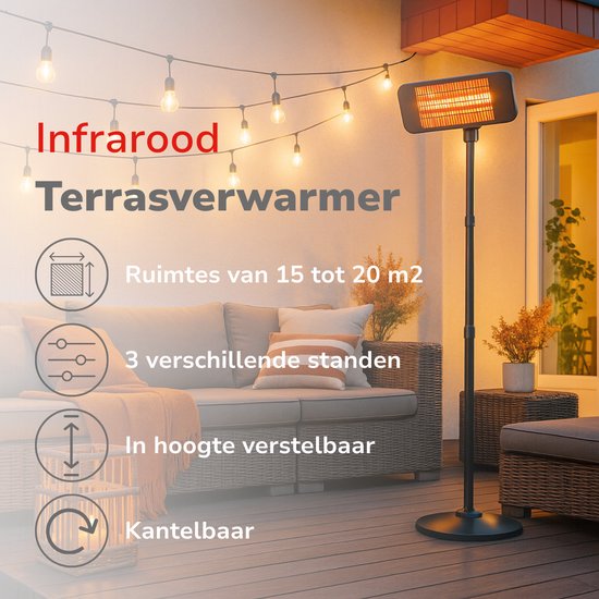 alpina Infrarood Verwarming Staand - Terras Heater 2000W 3 Warmtestanden - Spatwaterdichte Terrasheater IP24 met Infrarood Paneel