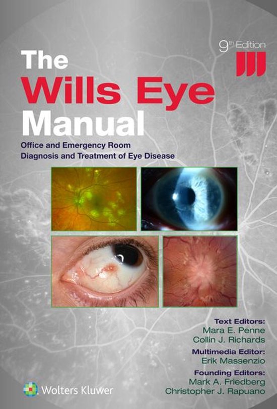 Boek "The Wills Eye Manual" 9e editie, met afbeeldingen van het oog.
