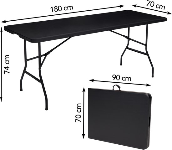Afmetingen zwarte tafel: 180 x 70 x 74 cm. Ingeklapt: 90 x 70 cm.