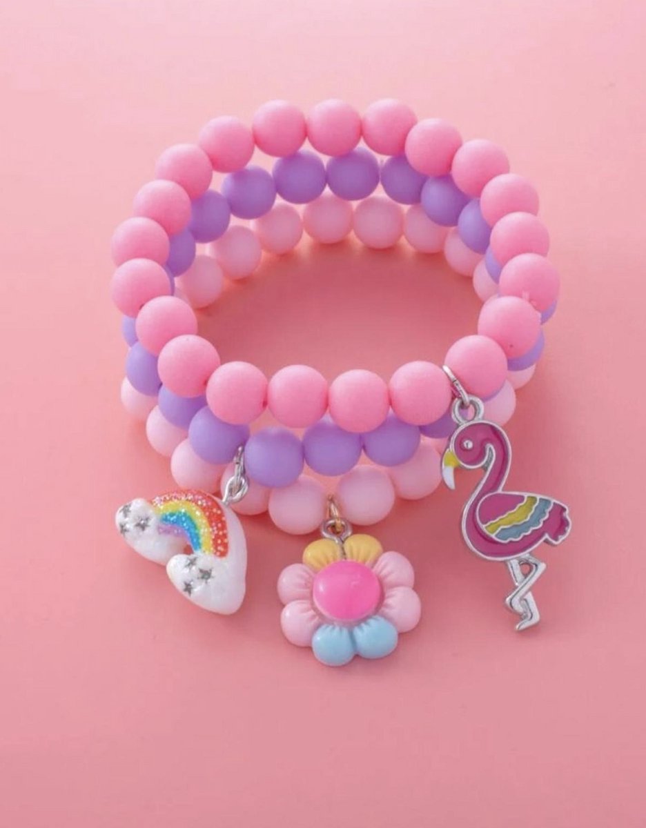 Set van 3 kralenarmbanden met een Regenboog, Bloem, Flamingo
