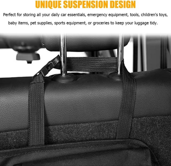Detail van de 'UNIQUE SUSPENSION DESIGN' met verstelbare riemen bevestigd aan de hoofdsteunen van de auto.