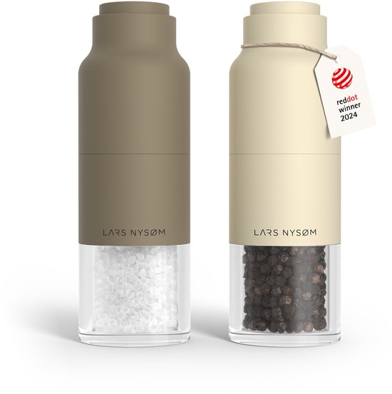 LARS NYSØM Omvendt Zout- en Pepermolenset handmatig - Roestvrij Staal - Verstelbare maalgraad (Taupe Brow/Almond Beige)