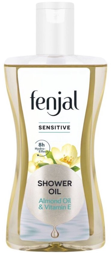 Fenjal Sensitive Shower Oil met 8u hydratatie, amandelolie en vitamine E, met witte bloesems.