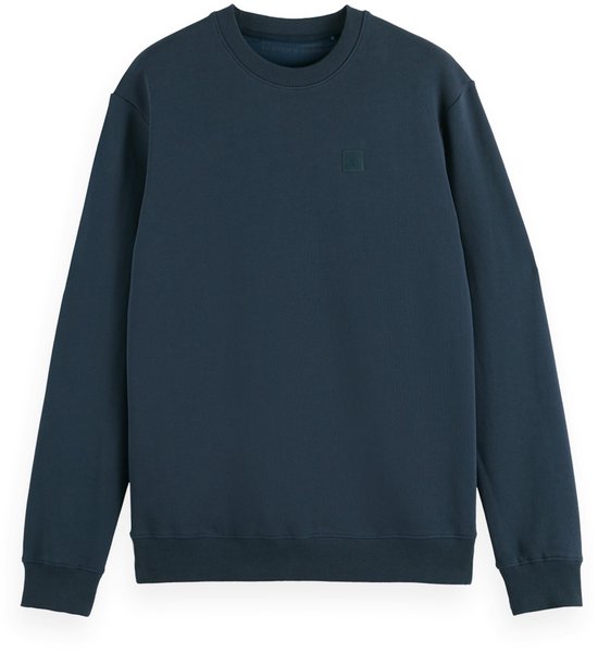 Donkerblauwe sweater met ronde hals en een vierkant logo op de borst, op een witte achtergrond.