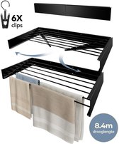 BAYUS® Wanddroogrek XXXL Zwart 120cm – Inklapbaar – 8.4m Drooglengte – 6 Clips – Antislip – Droogrek – Wasrek