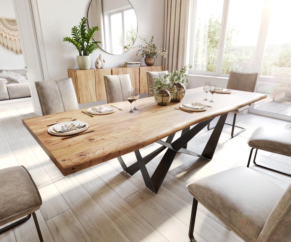 Eettafel Edge acacia natuur 260x100 Spider vlak staal zwart Live-Edge eettafel