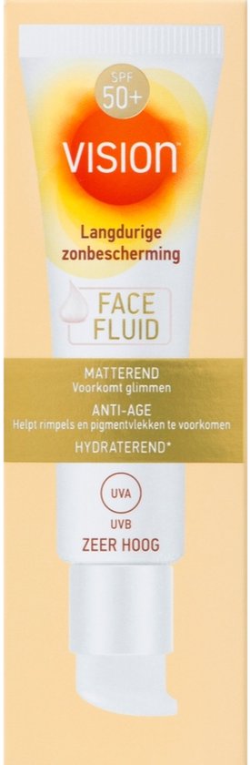 Een witte tube met "vision" logo, SPF 50+, Langdurige. De tekst "FACE FLUID" staat in een kader. De band eronder is goudkleurig met de tekst "MATTEREND, ANTI-AGE, HYDRATEREND".