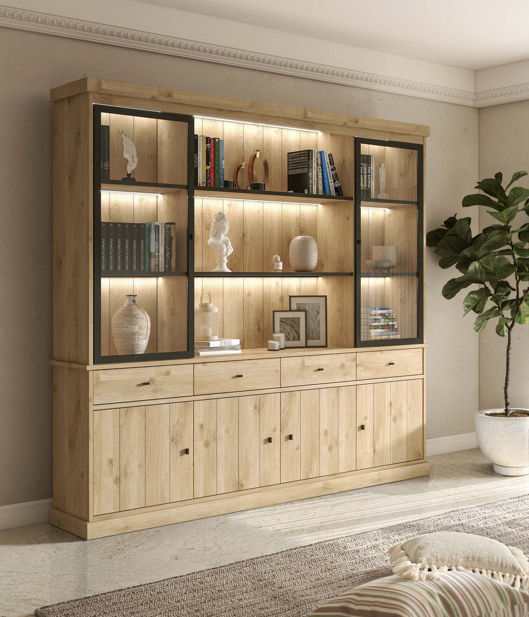 BELFURN Balencia Vitrinekast 240cm – open middenvak met 2 glasdeuren en LED verlichting – lichte eik bruin