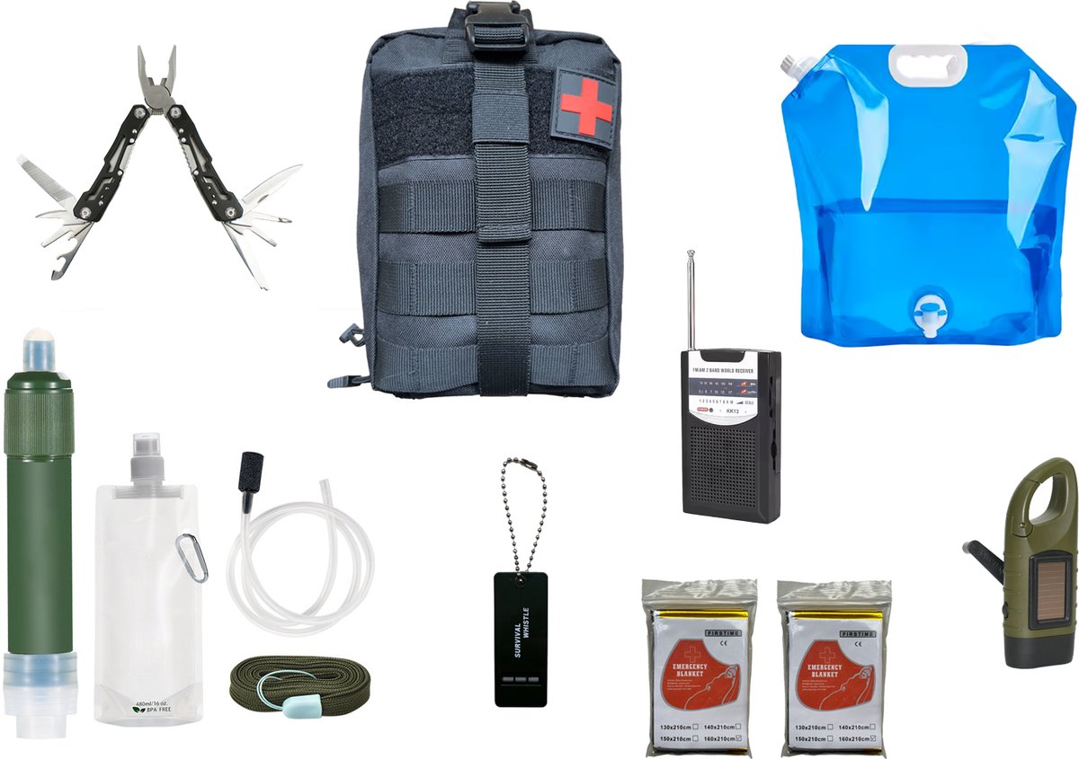 Groene Berg® Noodpakket voor thuis - Overlevingspakket oorlog - 72+uur survival kit - Rampenrugzak - Geadviseerd door overheid - Noodradio - Waterfilter - Zaklamp - Multi tool en meer