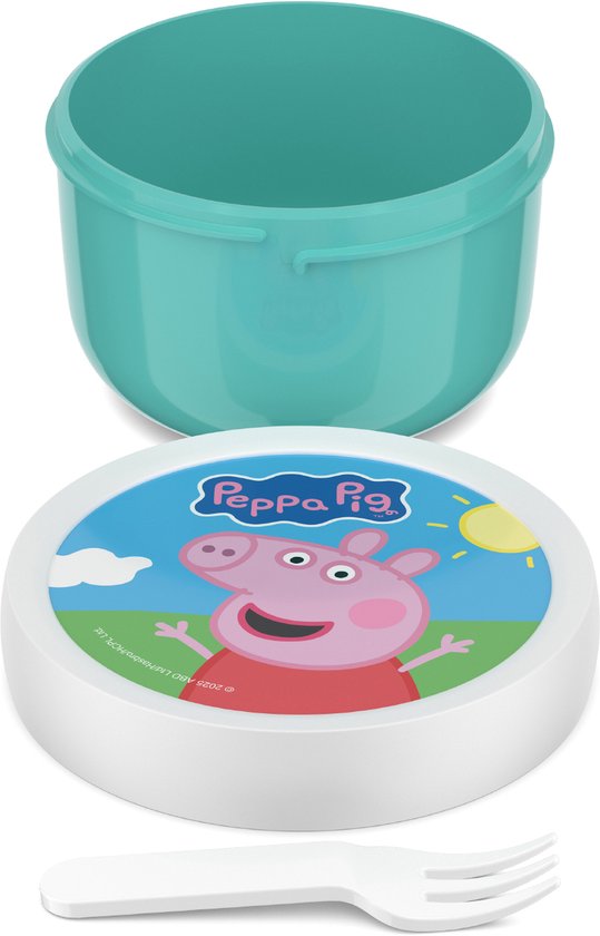 Boîte à goûter turquoise hermétique avec couvercle et motif Peppa Pig. Inclut une petite fourchette.