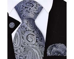 Sorprese Stropdas met Pochet en Manchetknopen - Paisley Zilver Zwart - 8cm - 100% Zijde - Pochette - Cadeau