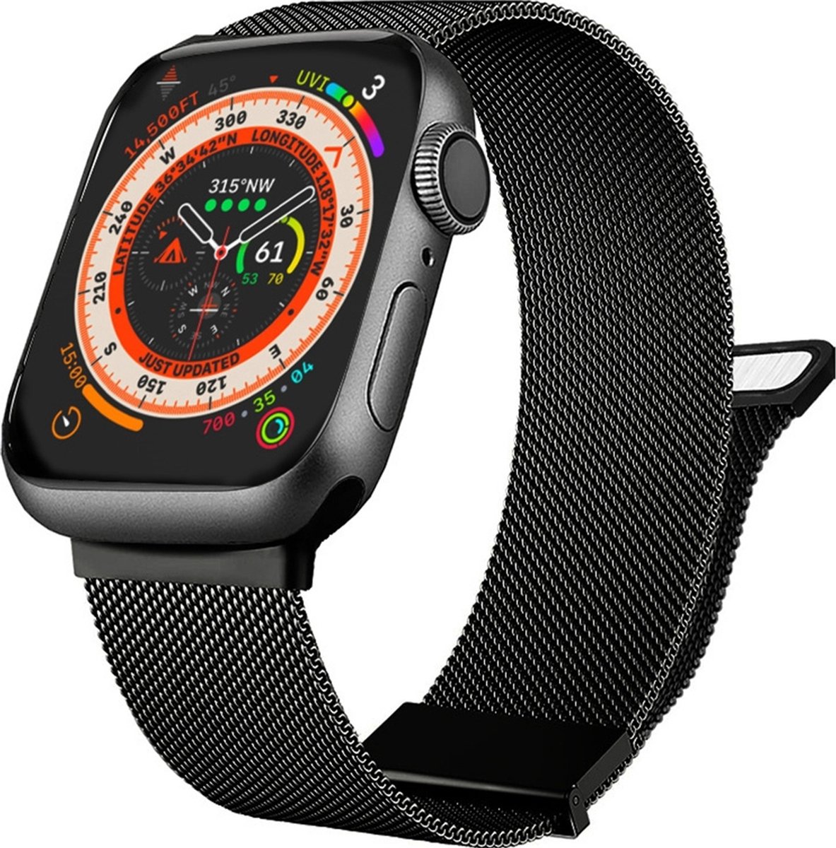 Mobigear Milanese Watch bandje geschikt voor Apple Watch Bandje Magneetsluiting | Mobigear Luxury Loop - 49/46/45/44 mm - Zwart
