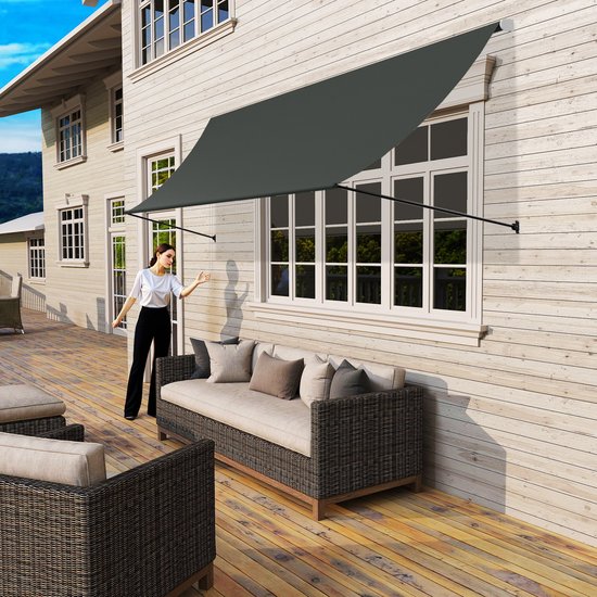 Aufun Parasol de balcon résistant aux UV - Store manuel rétractable en polyester et acier, store télescopique - store de balcon réglable en hauteur et en inclinaison Parasol de balcon - 350 x 145 cm - anthracite