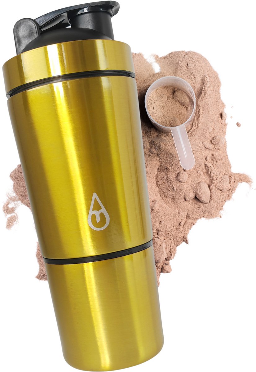 Motivai RVS Shakebeker met Poedercompartiment - Goud - Shaker - 2 Delige Shaker - 600ml - Motivatie Waterfles - Dames - Voor het maken van Shake's - Thermo Shakebeker - Ook voor Supplementen - Extra Compartiment van 200g - Met Shakebal