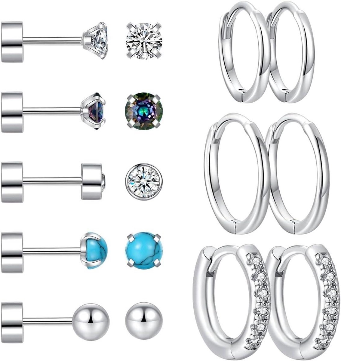Hypoallergene oorbellensets - 8 paar chirurgisch staal en sterling zilver/goud - platte achterkant - Huggie Hoop en stekeroorbellen voor meerdere piercings - Meerkleurig L