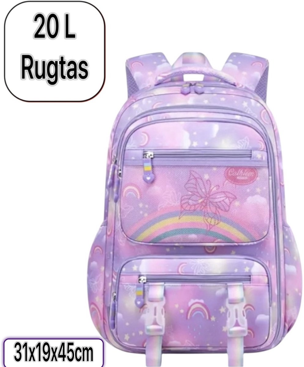 Twenty Two rugtas voor meiden/tieners/kinderen | 15.6 inch laptoptas | schoolrugzak school/brugklas | 7 vakken | paars/lila vlinder-regenboog print | verstelbare schouderbanden/lichtgewicht | met reflecterende strepen | waterproof |20L| 31x19x45cm