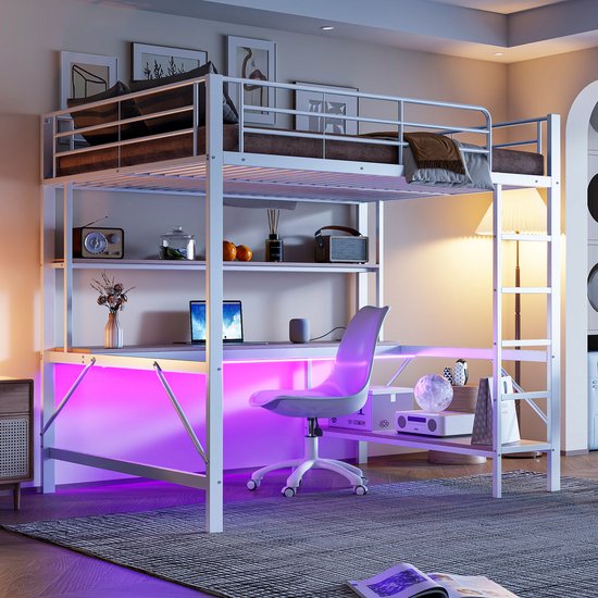 Lit mezzanine - 140x200 cm - escabeau - avec USB et prise - avec éclairage LED- bureau - sans matelas - blanc