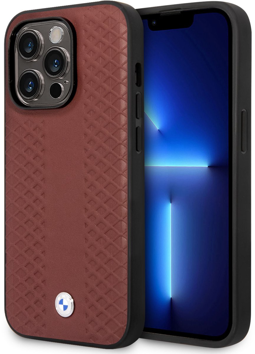 BMW Leather Diamond Pattern Back Case - Geschikt voor Apple iPhone 14 Pro Max (6.7") - Rood