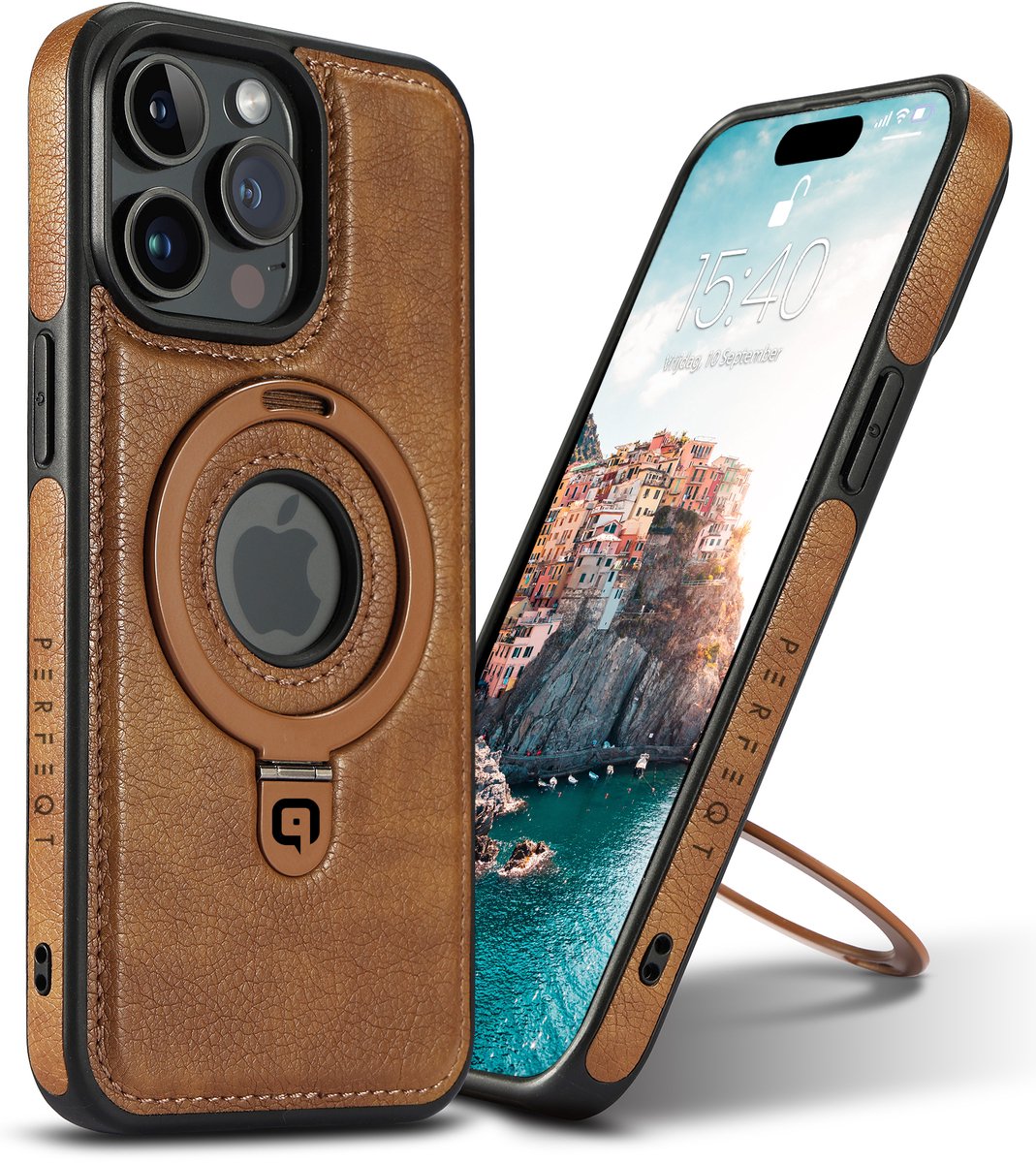 Perfeqt hoesje geschikt voor iPhone 15 Pro Max leren BackCover met Kickstand & Keyring houder - Brown