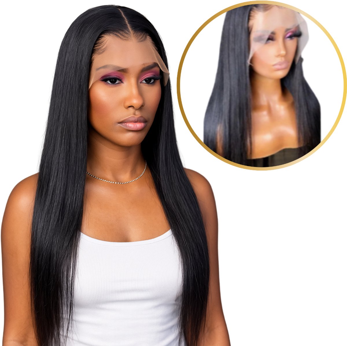 Pruik dames echt haarstuk - Pruik lang haar 24 inch - Lace wig human Hair - lace front wig - Haarwerken echt haar - Glueless wigs hair - Transparant lace wig - Dollsbeauty steil haarwerk