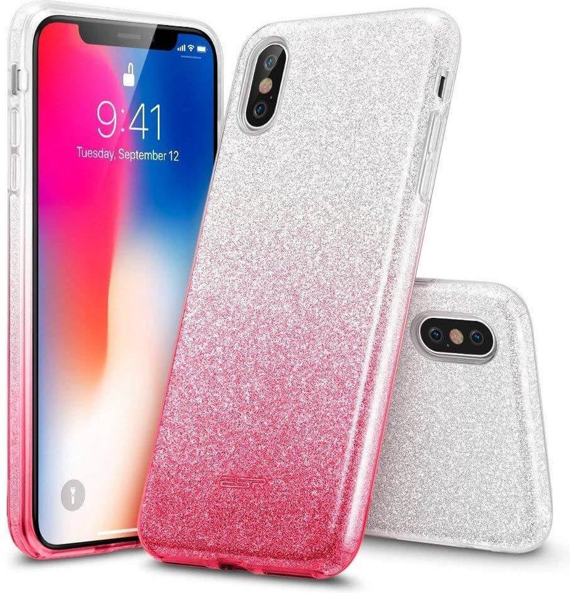 ESR iPhone X hoes zilver naar roze glitters chique design zacht TPU