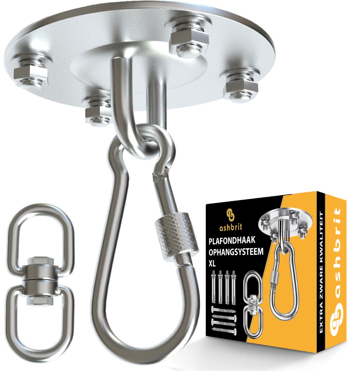 Ashbrit® Plafondhaak XL – Voor TRX, Bokszak, Fitnesskabels & Hangstoel – 360° Roteerbaar – Tot 400 kg Componentsterkte