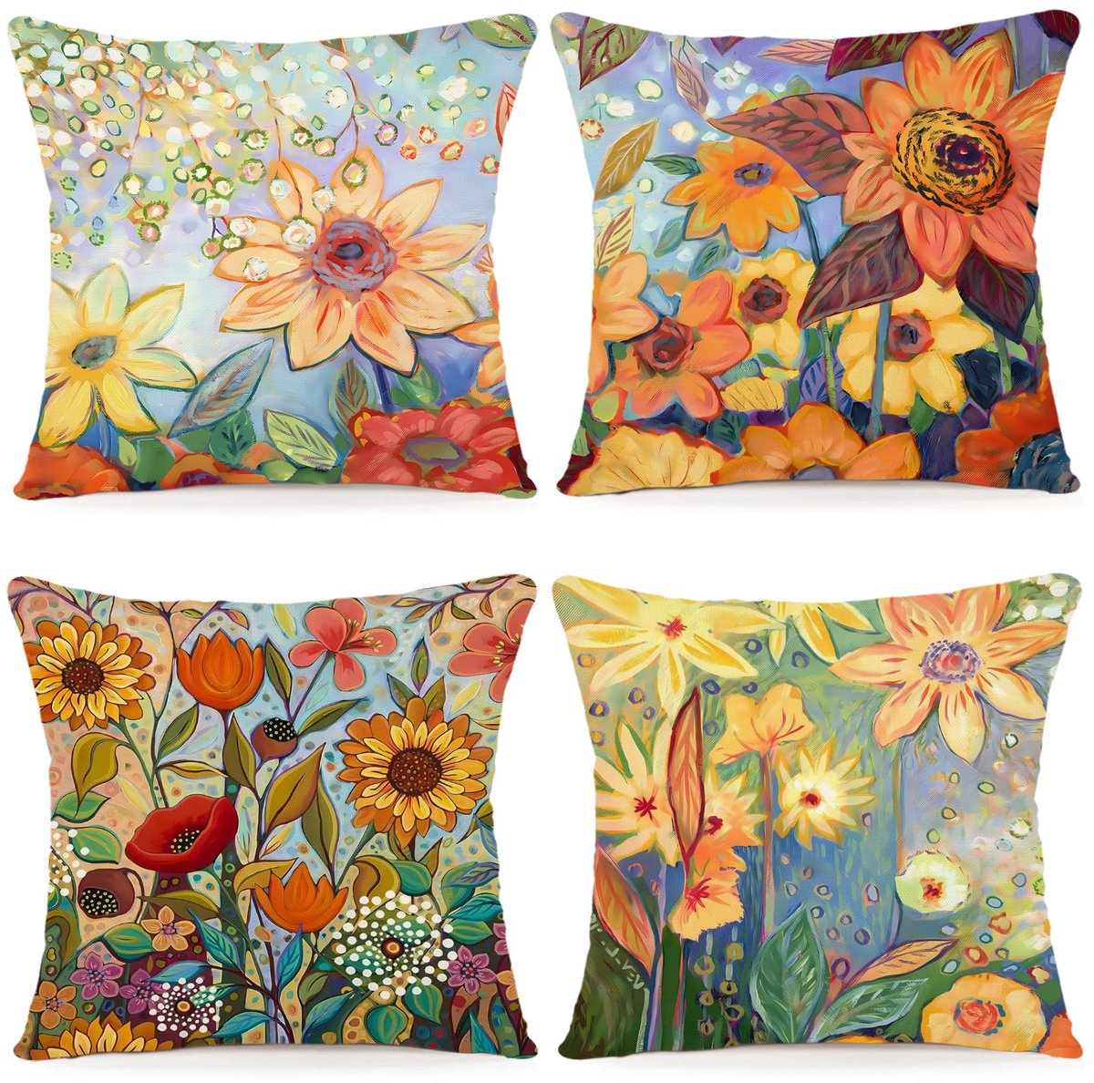 Unyqoos ® Sierlijke Waterverf Bloemen Kussenhoezen Set van 4 voor Binnen en Buiten 40 x 40 cm orange