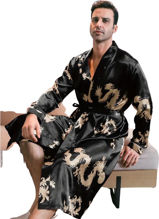 Livano Satijnen Badjas Heren - Kimono - Kamerjas - Satijn - Ochtendjas - Pyjama - Zwart - Maat XL