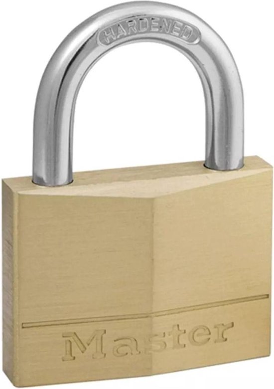 Massief messing hangslot met zilverkleurige beugel en 'Master' en 'HARDENED' inscriptie.