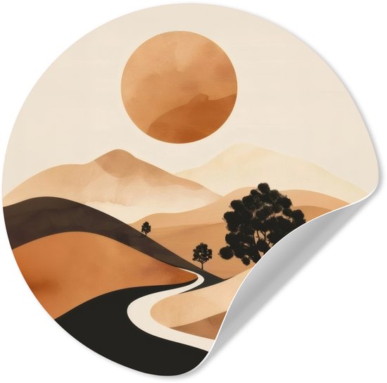 WallCircle® - Behangcirkel 140x140 cm - Muurstickers Zon - Heuvels - Boom - Abstract - Muurcirkel woonkamer - Wandcirkel slaapkamer - Kamer decoratie zelfklevend - Muurdecoratie accessoires