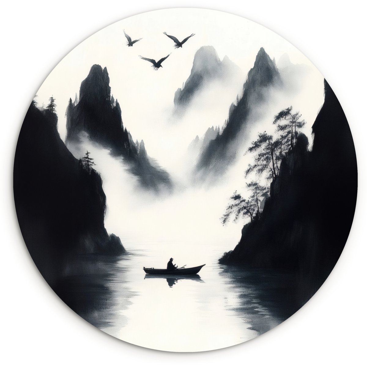 WallCircle Wandcirkel 120x120 cm - Muurcirkel Roeiboot - Mistig - Bergen - Vogels - Muurdecoratie woonkamer - Wanddecoratie slaapkamer - Kamer decoratie accessoires - Ronde schilderijen Roeibooit - Bergen