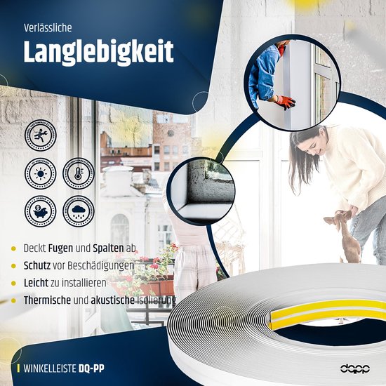 Witte profielen met gele plakrand, beschermt tegen vocht en vuil. Illustreert installatie en weersbestendigheid.
