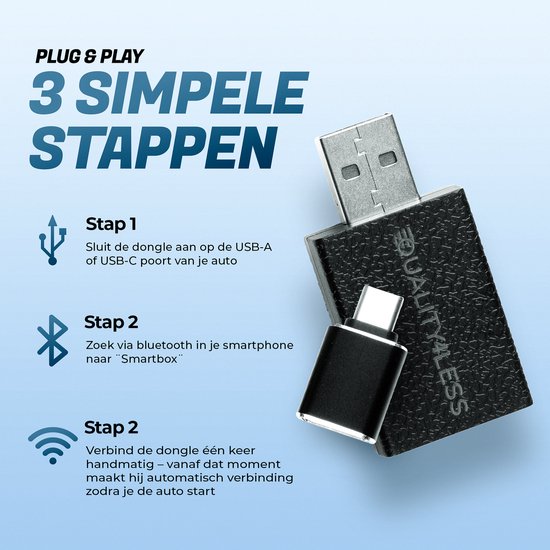 Quality4Less™ -Mini 2 in 1 Dongle - Draadloos verbinden met Android Auto en Apple Carplay - Zwart - 2025 Model van Quality4Less — afbeelding 2