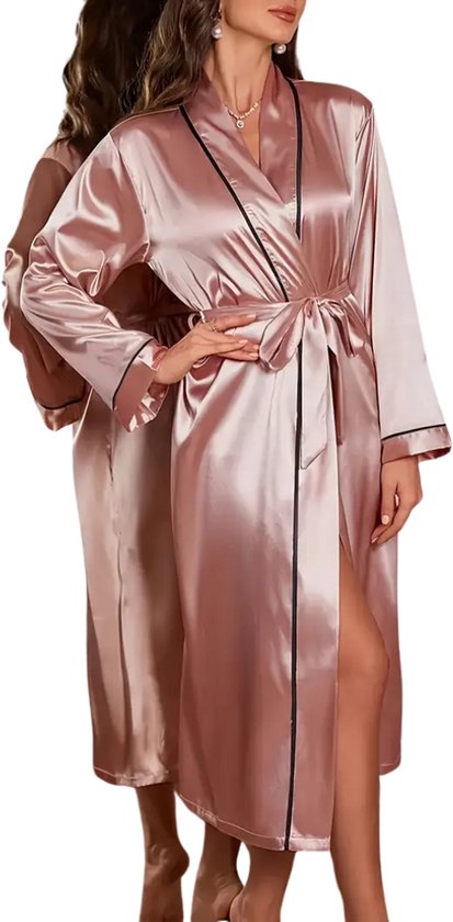Livano Satijnen Badjas Dames - Kimono - Kamerjas - Satijn - Ochtendjas - Pyjama - Roze - Maat M