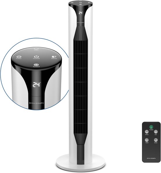 Erikssøn Torenventilator 106cm Staande Ventilator 55W Fluisterstil 39dB Timer Afstandsbediening Oscillerend Wit