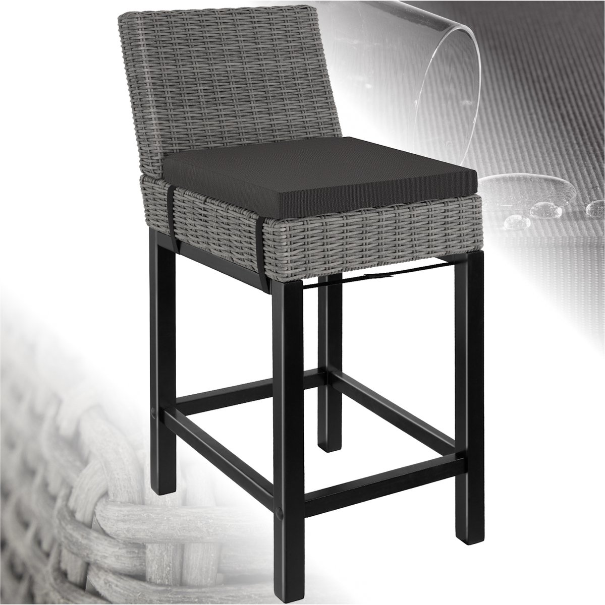 tectake® Aluminium wicker barkruk met rugleuning - Barkruk met kussen en voetsteun - Weerbestendige buitenbarkruk met houten poten - Bistrokruk voor toonbank, balkon, tuin en terras - Afmeting (LxBxH) 45 x 62,5 x 99 cm - Grijs