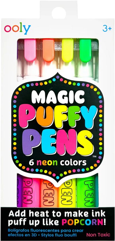 OOLY - Stylos Puffy Magic – Set de 6 Marqueurs 3D Néon – Encre Puff Magique – Dessin créatif et amusant pour les Enfants à partir de 3 ans