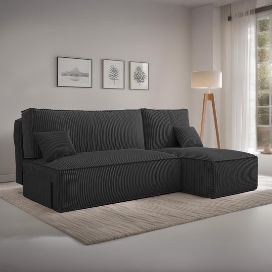 Canapé d'angle avec rangement Jelle - Zwart - Velours côtelé - Canapé - Canapé convertible - Universel - Gauche ou Droite - Canapé d'angle - Méridienne - Canapé avec couchage - 3 places