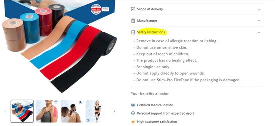 Set van 5 rollen Kinesiotape in blauw, rood, zwart en huidkleur, één rol open.