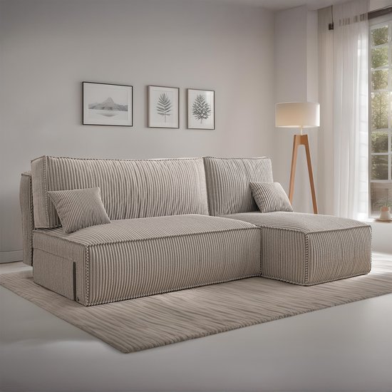 Canapé d'angle avec rangement Jelle - Beige - Velours côtelé - Canapé - Canapé convertible - Universel - Gauche ou Droite - Canapé d'angle - Méridienne - Canapé avec couchage - 3 places