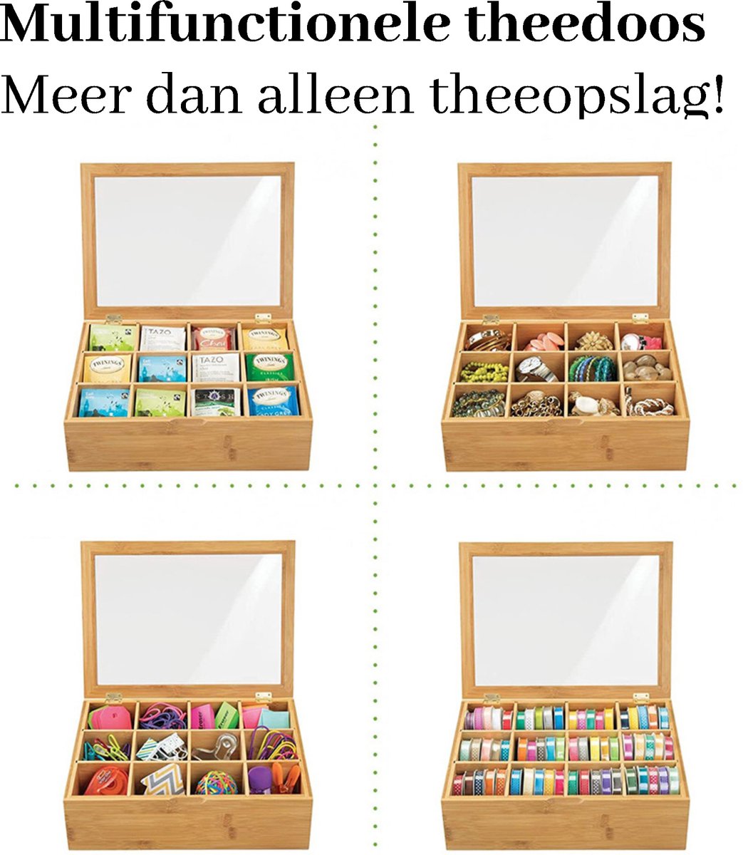 LifeLux Luxe Bamboe Theebox 12 vakken – Stijlvolle Thee Opbergdoos met Doorzichtige Bovenkant | Organizer voor Theezakjes & Accessoires — cadeau in Wonen & Interieur - foto 2