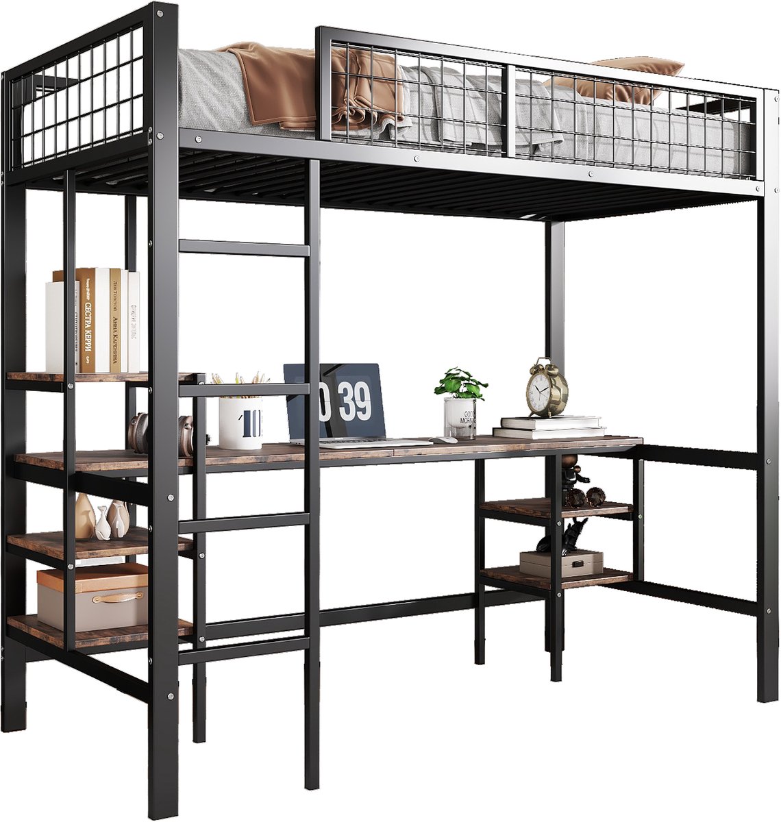 Hoogslaper - met tafel en planken - met vier ladders - zwart - 90x200 cm - zonder matras