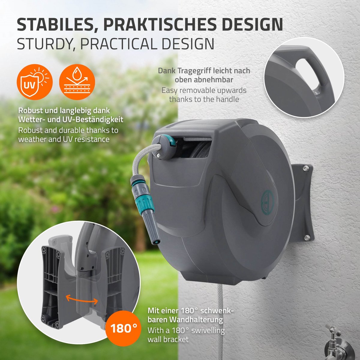 ECD Germany rollup tuinslanghaspel 20m+2m muurgemonteerde slanghouder met automatisch oprolmechanisme vergrendelingssysteem 9 sproeifuncties 180° zwenkbaar waterslangbox voor wandbevestiging ideaal voor tuin en terrasonderhoud – foto 3