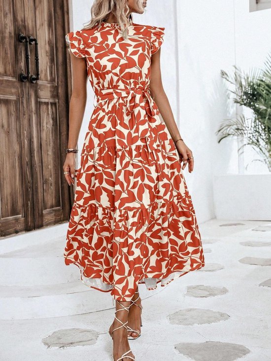 Dames casual bloemenprint, riem, hoge taille, A-lijn gelaagde jurk met ruches, lange maxi-jurk met kapmouwen