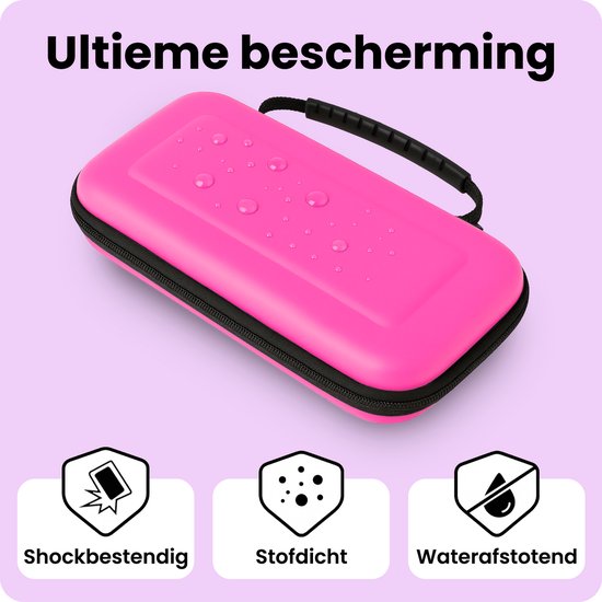Roze hoes met waterdruppels erop, met iconen voor schok-, stof- en waterbestendigheid.