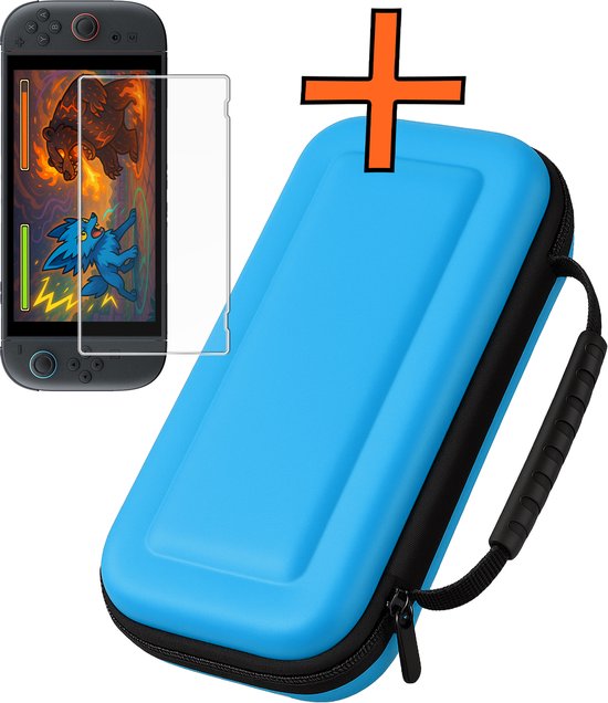 Blauw hardcase met ritssluiting en handvat, met Nintendo Switch 2 en screenprotector ernaast
