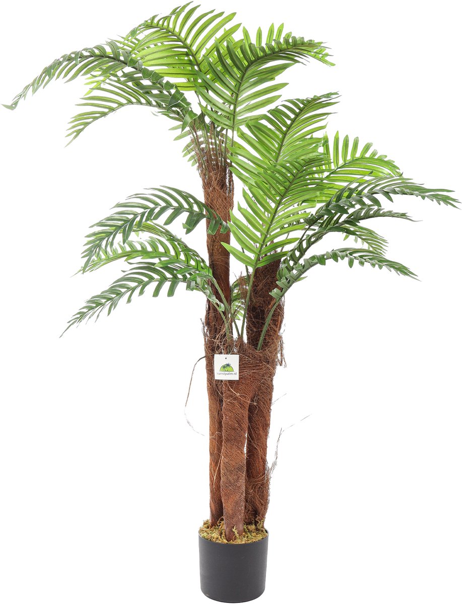 Kunstpalm Kunst Kokospalm 120 cm – Nep Palmboom – 3 Kokosstammen – Tropische Kunstplant Bermuda Donkerbruin