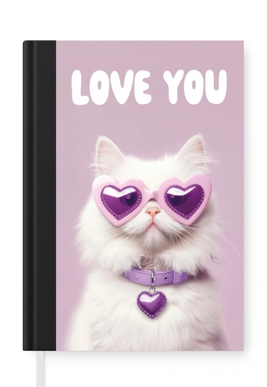 Notitieboek - Schrijfboek - Kat - Love - Paars - Valentijn - Notitieboekje klein - A5 formaat - Schrijfblok