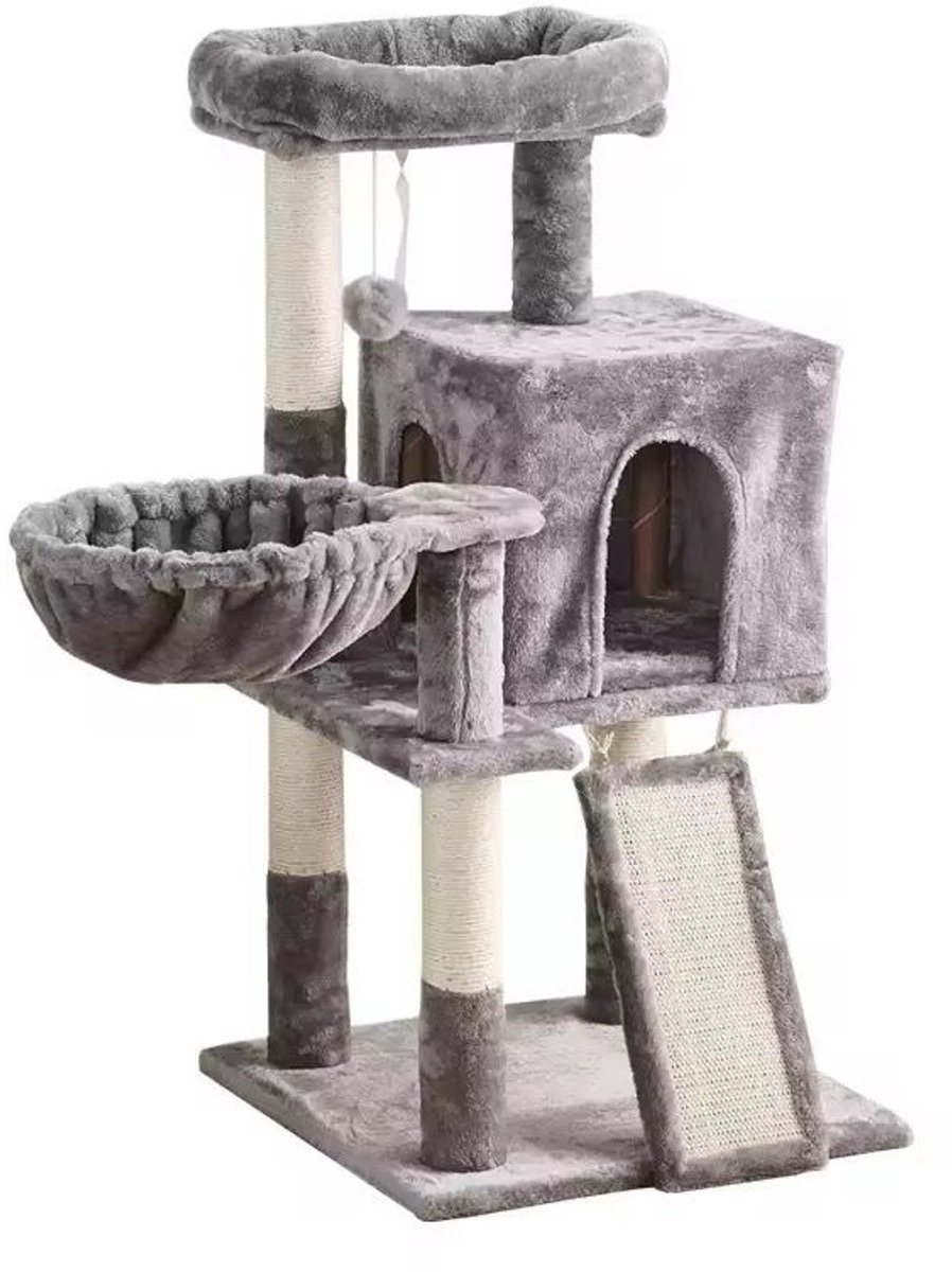Bol.com Kattenkrabpaal – Katpaal - Krabpaal - Kattenboom - Compact Activiteitencentrum met Huisje & Hangmat – Grijs - 90CM aanbieding
